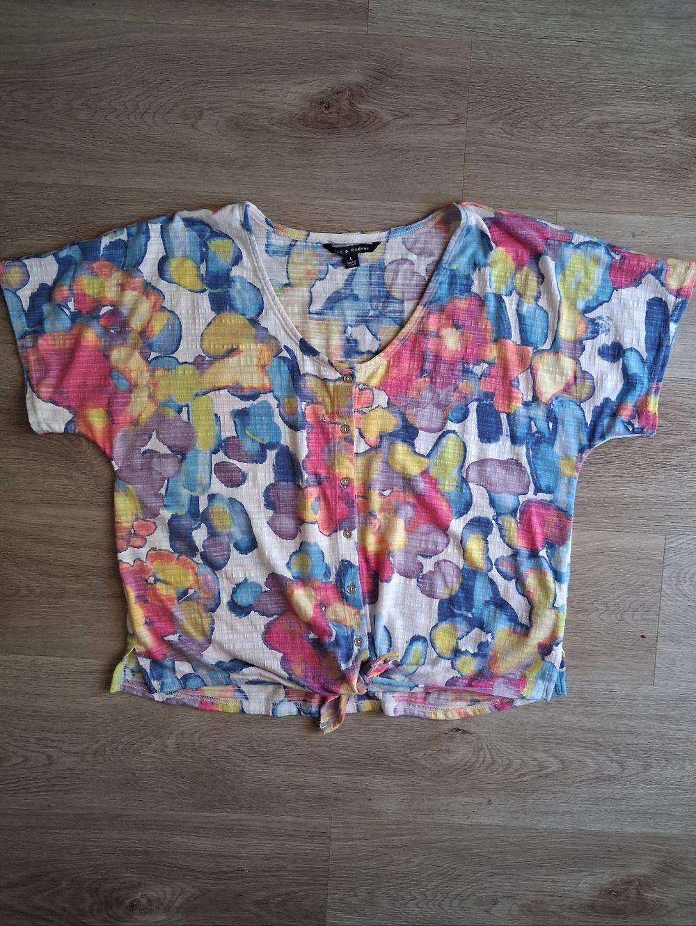 Zac & Rachel Womens V-Neck Top Multicolor Floral Print Large